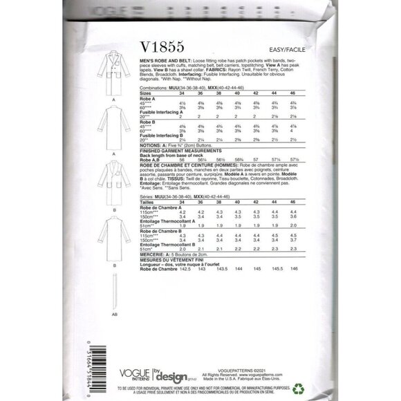 Vogue V1855 Mens 40 to 46 Bath Robe and Belt Uncut Sewing Pattern - Picture 2 of 2